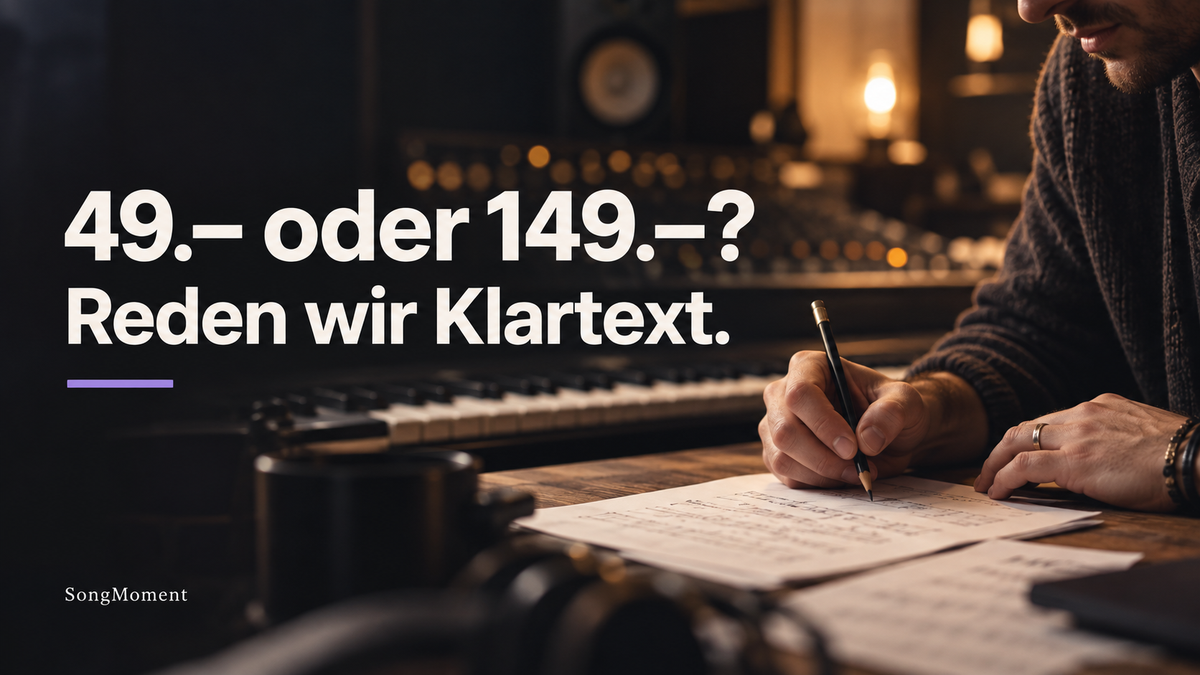 Musiker beim Schreiben eines Songtexts im Studio; Bildtext: 49.– oder 149.–? Reden wir Klartext.
